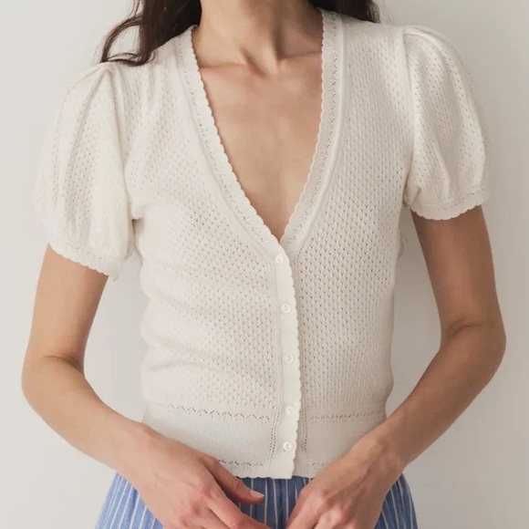 Doen Ambrose Pointelle Knit V Neck Puff Short Sleeve Cardigan Sweater Top Ivory - Picture 1 of 14